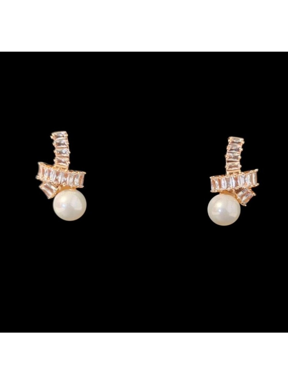 Gemelli Pearl & Rhinestone Twist Earrings Gold Tone Baguette Crystal Bow Knot